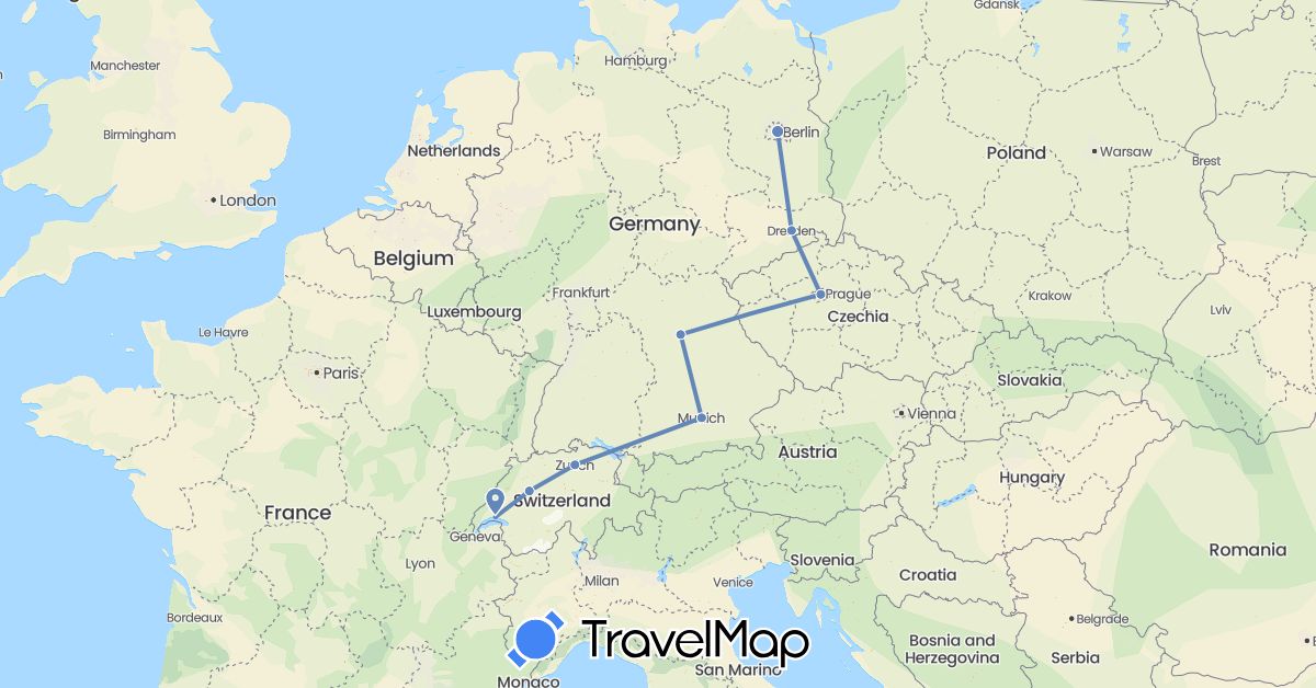 TravelMap itinerary: driving, cycling in Switzerland, Czech Republic, Germany (Europe)